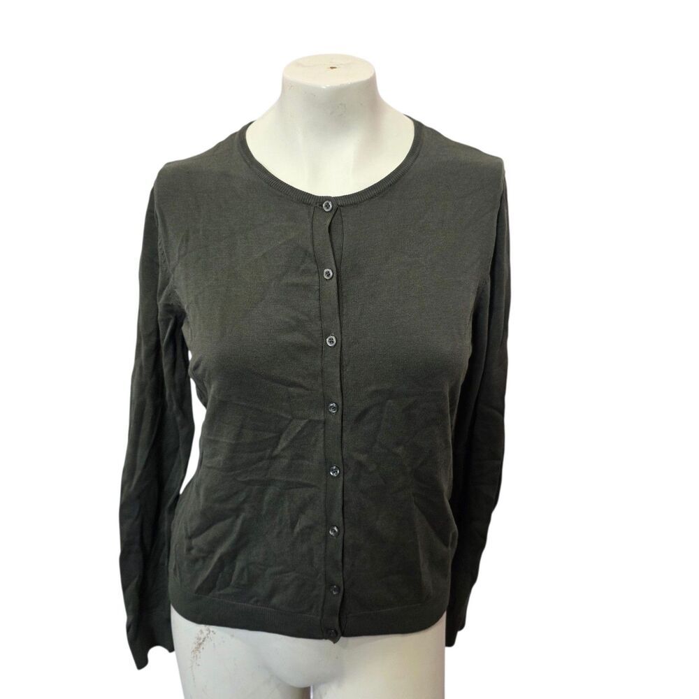 August Silk Cardigan Sweater Womens L Olive Green Silk Blend Button Front Knit